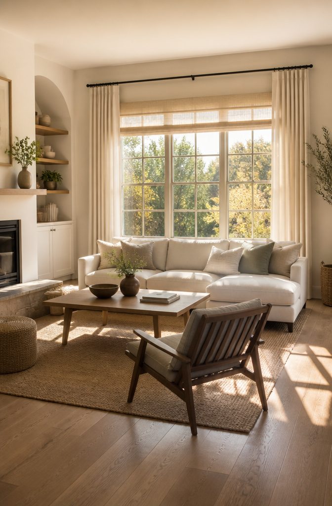 Light-colored curtains and simple shades in a small living room.