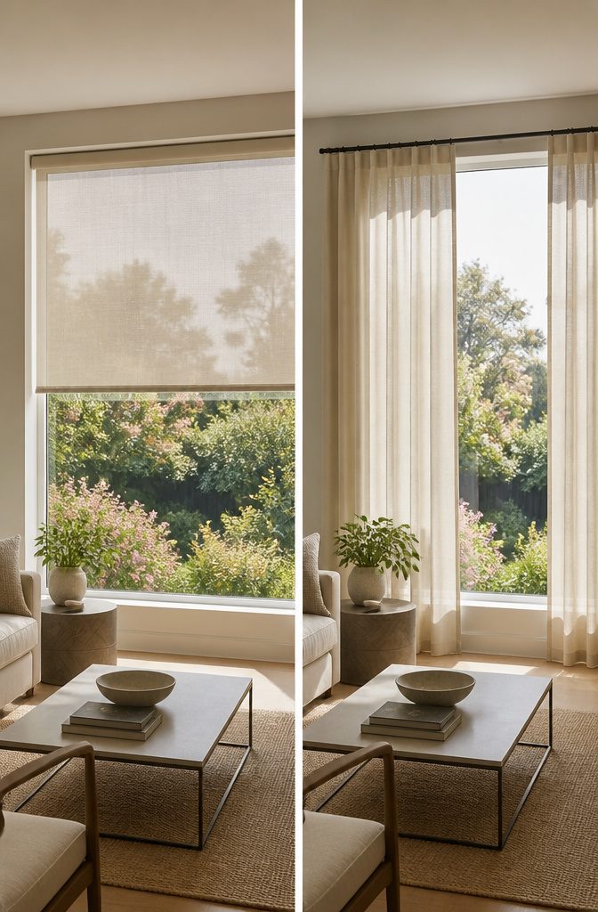 Solar shades filtering light in a living room with a scenic view.