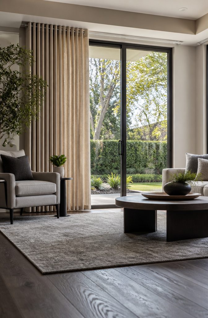Contemporary vertical blinds covering a wide glass door in a living room.