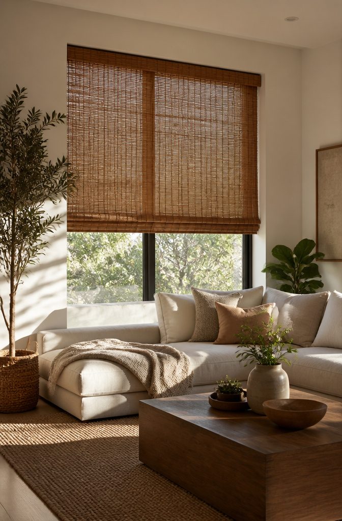Natural bamboo woven wood shades hanging in front of a wide window.