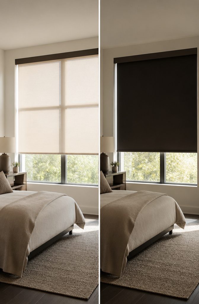 A window showcasing dual shades with two fabric layers.