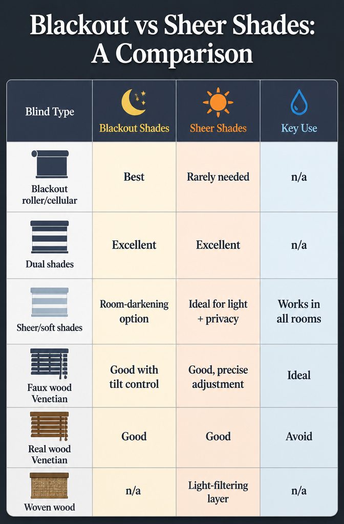 A comparison chart of blackout and sheer shades for different rooms.