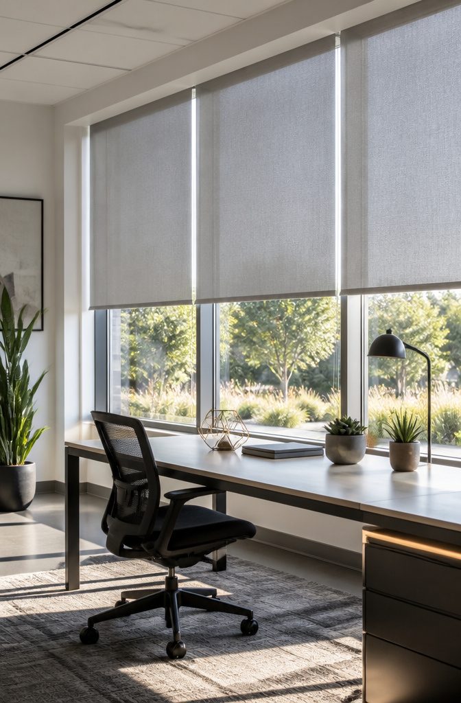 An office space with light-filtering roller shades covering windows.