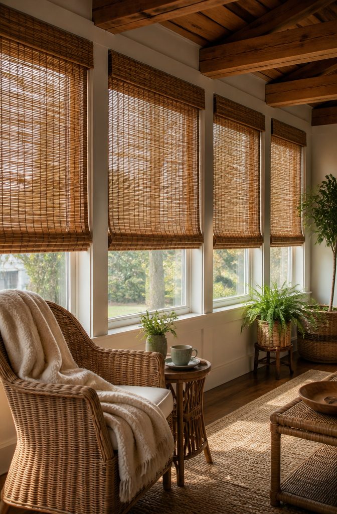 A sunroom with woven wood shades gently filtering daylight.