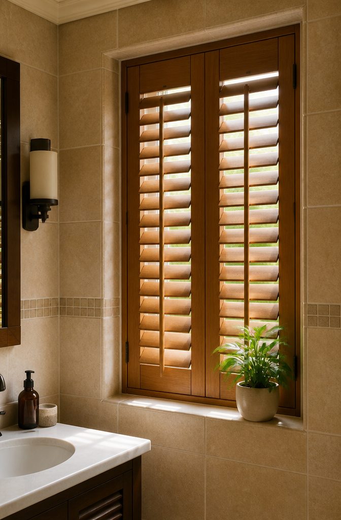 Custom wooden shutters fitted to a small bathroom window.