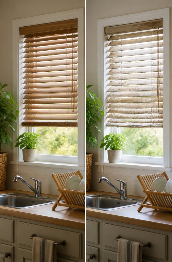 Faux wood blinds covering a small window in a bathroom.