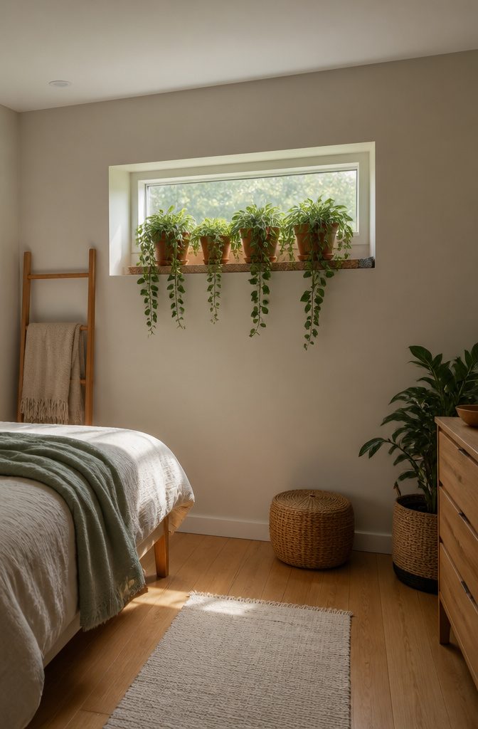 Potted plants arranged on a deep shelf by a window.