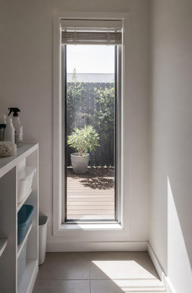 One-inch aluminum mini blinds on a small laundry room window.