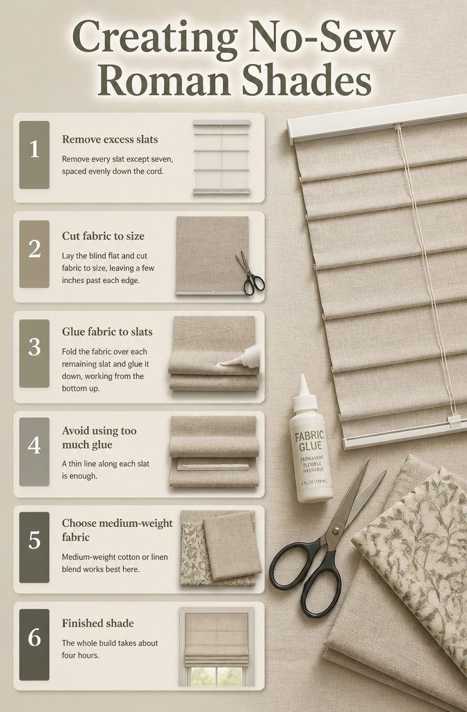 DIY no-sew Roman shades made from vinyl mini blinds.