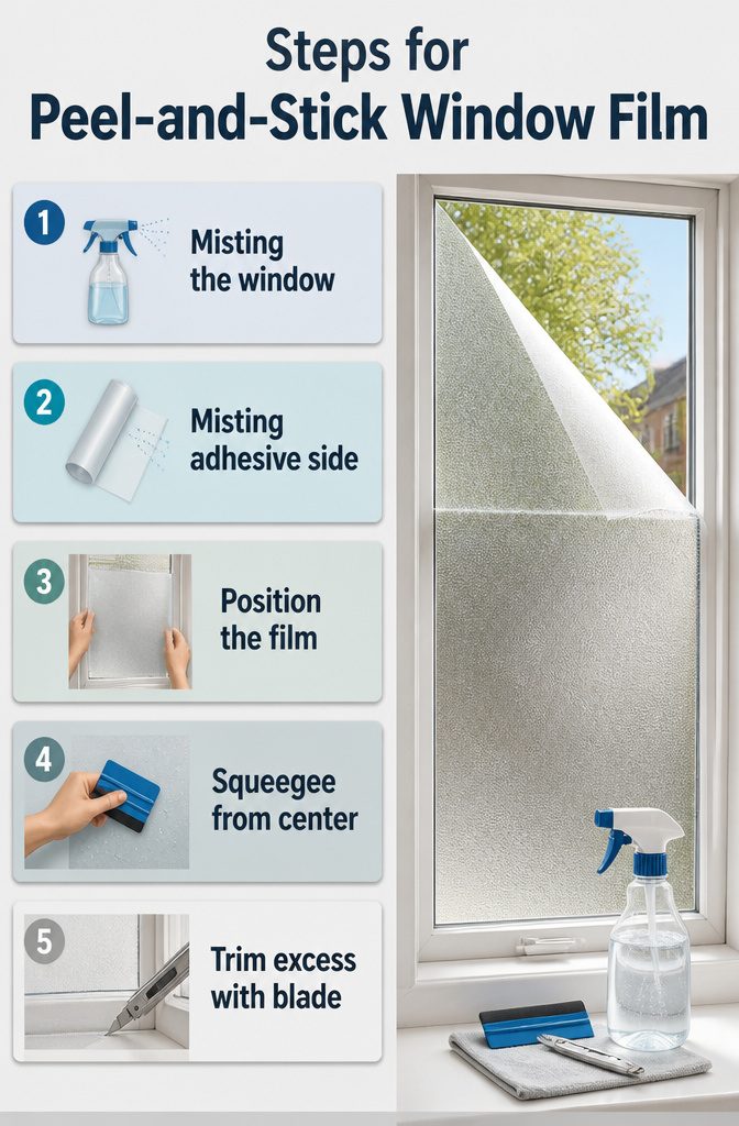 Peel-and-stick window film applied to a small window.