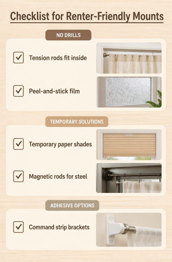 Checklist for renter-friendly mounts for window treatments.