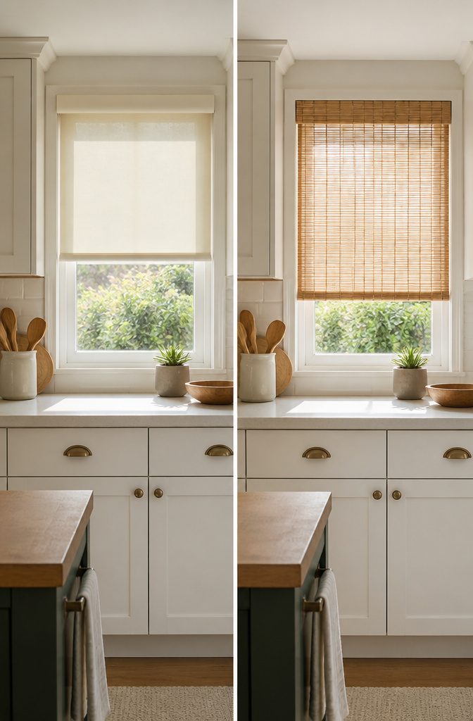 Roller shades neatly cover a small bathroom window.