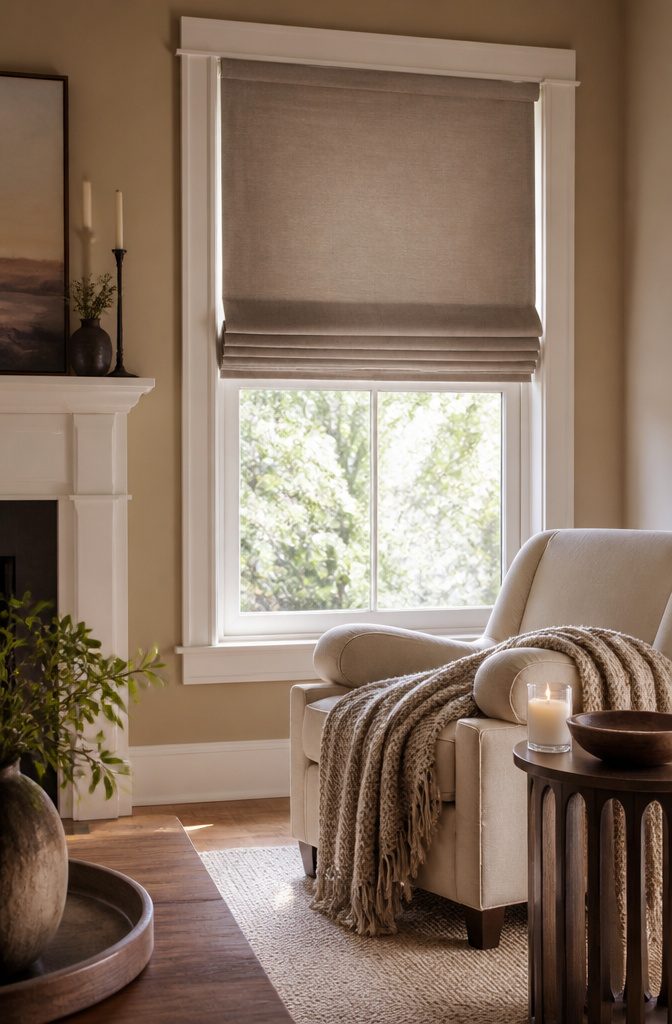 Roman shades in a living room window, folded into pleats.