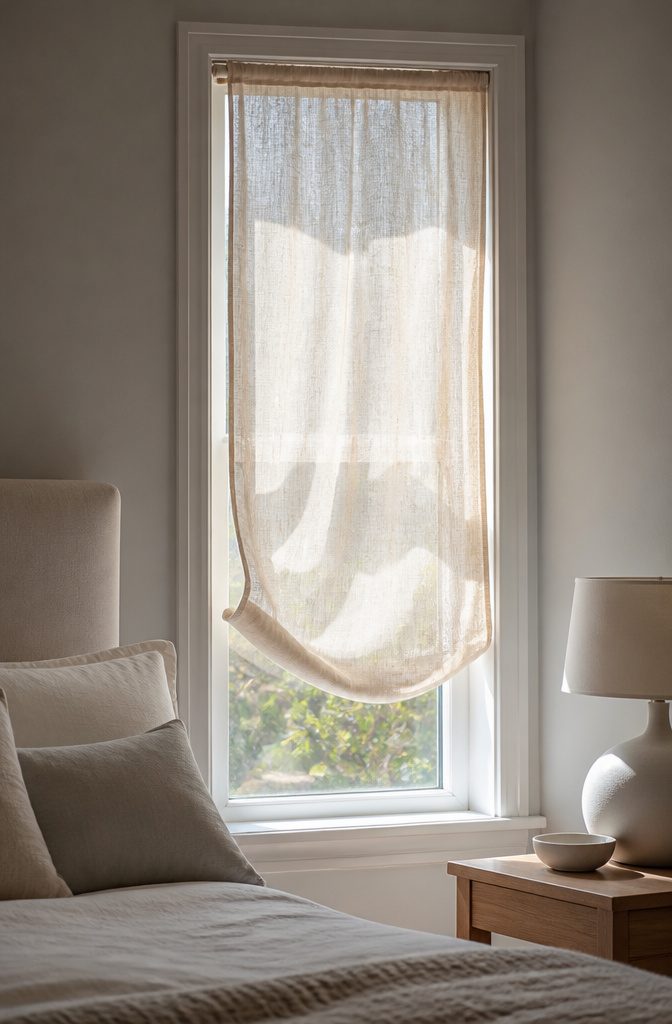 Lightweight sheer shades installed in a living room window.