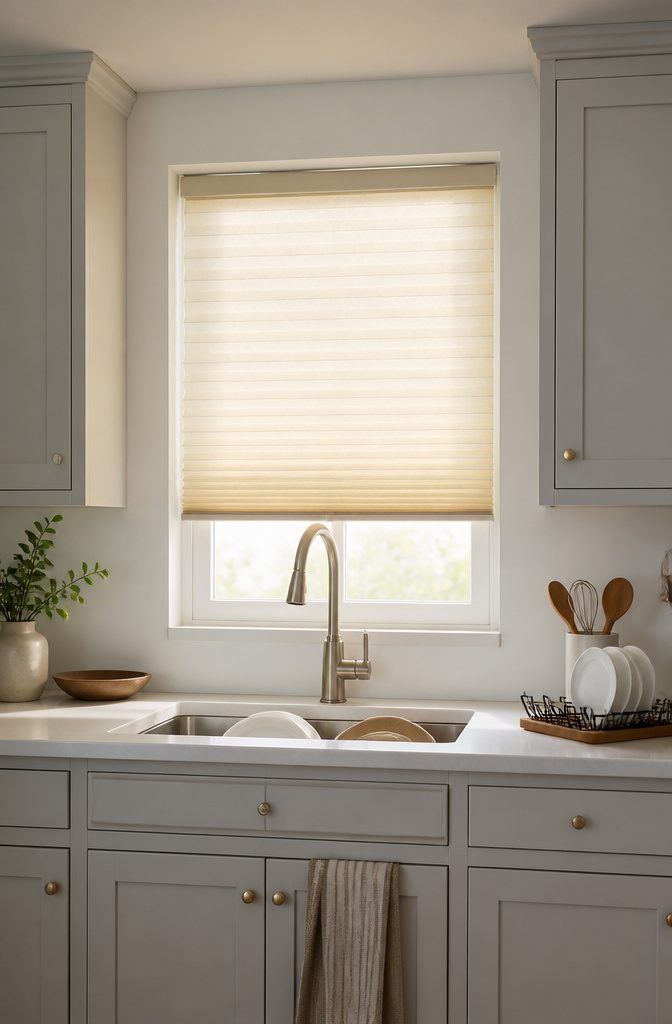 Temporary paper shades installed on a small window.