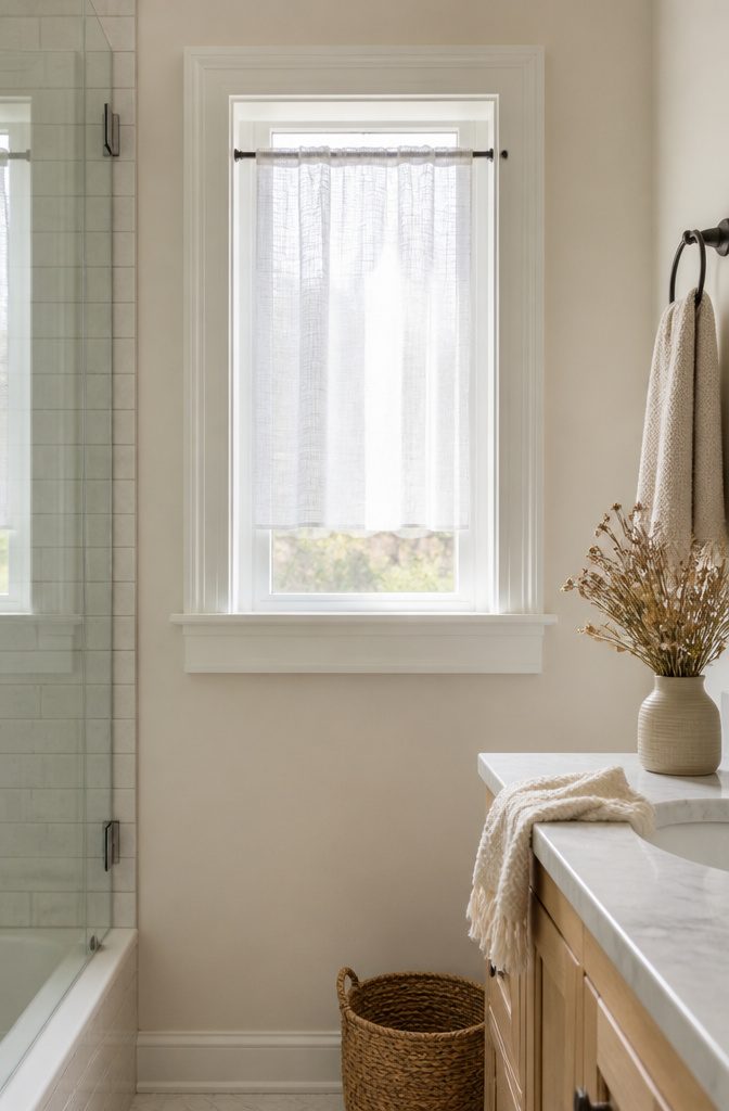 Tension rod with a lightweight sheer fabric in a bathroom window.