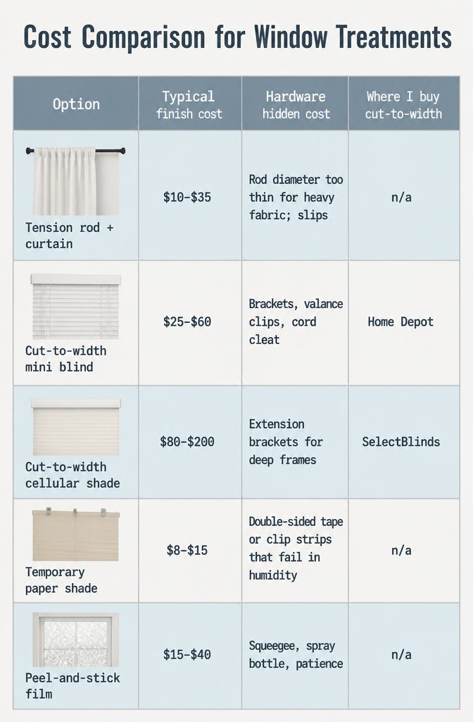 Chart comparing costs for various window treatment options.