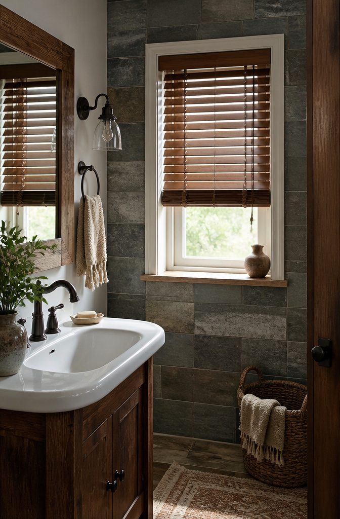 Hardwood blinds installed over a small rustic bathroom window.