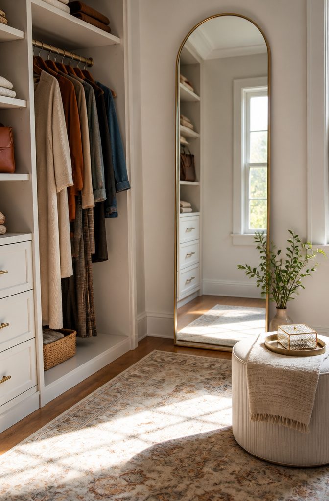 Decorative closet corner with a mirror and small ottoman.