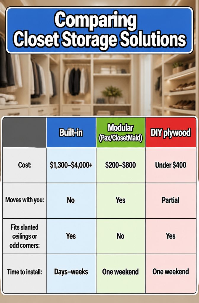 Chart comparing built-in, modular, and DIY plywood storage solutions.
