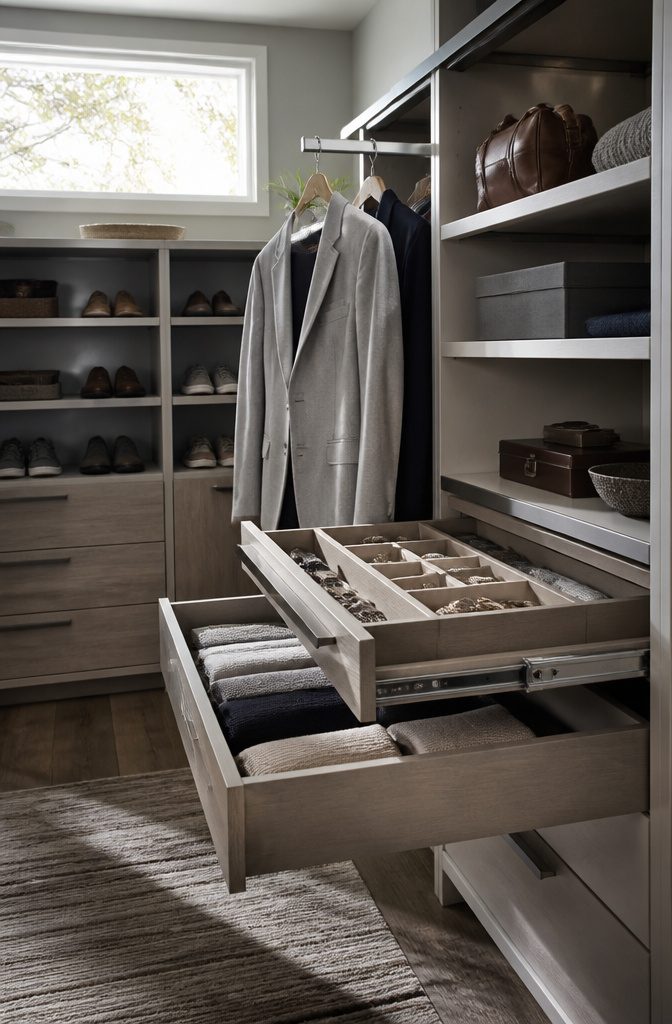 Closet design featuring pull-out drawers and a valet rod.