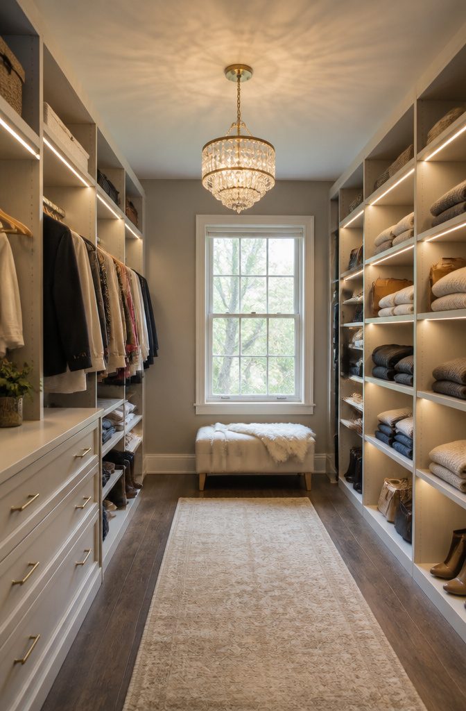 Transformed closet with chic chandelier and LED shelf lights.