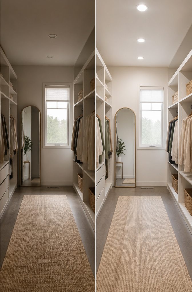 Closet with a well-chosen wall color and lighting setup.