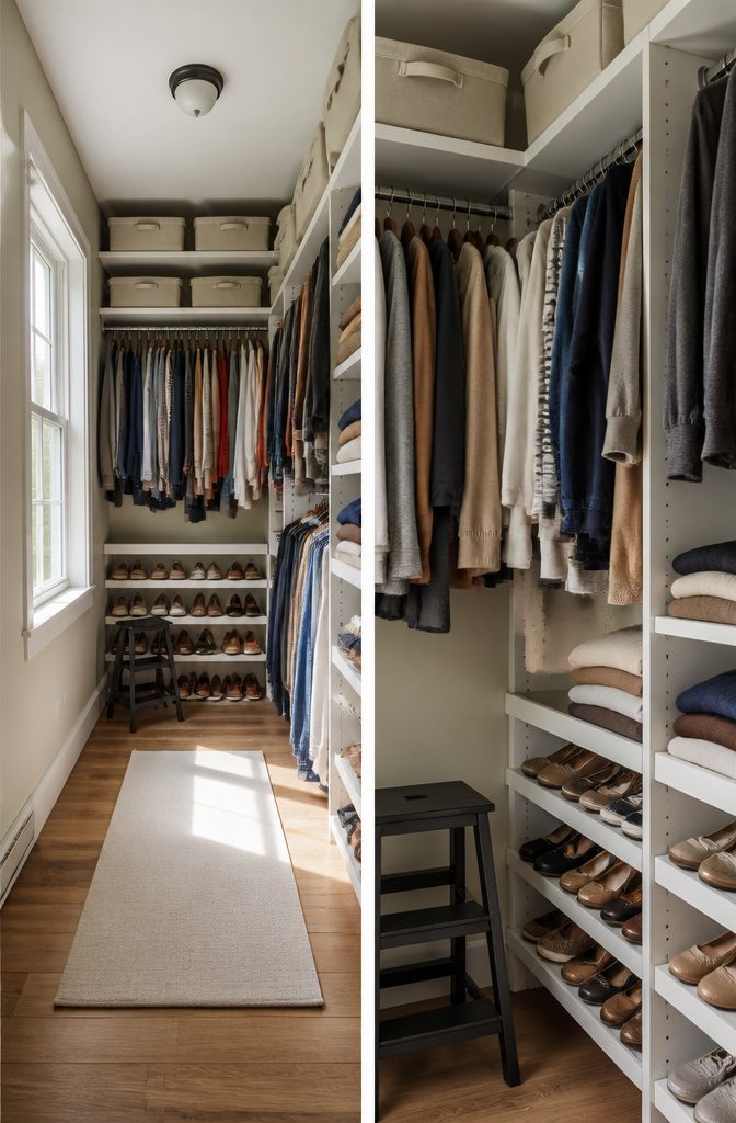 Closet with high shelving and step stool for access.