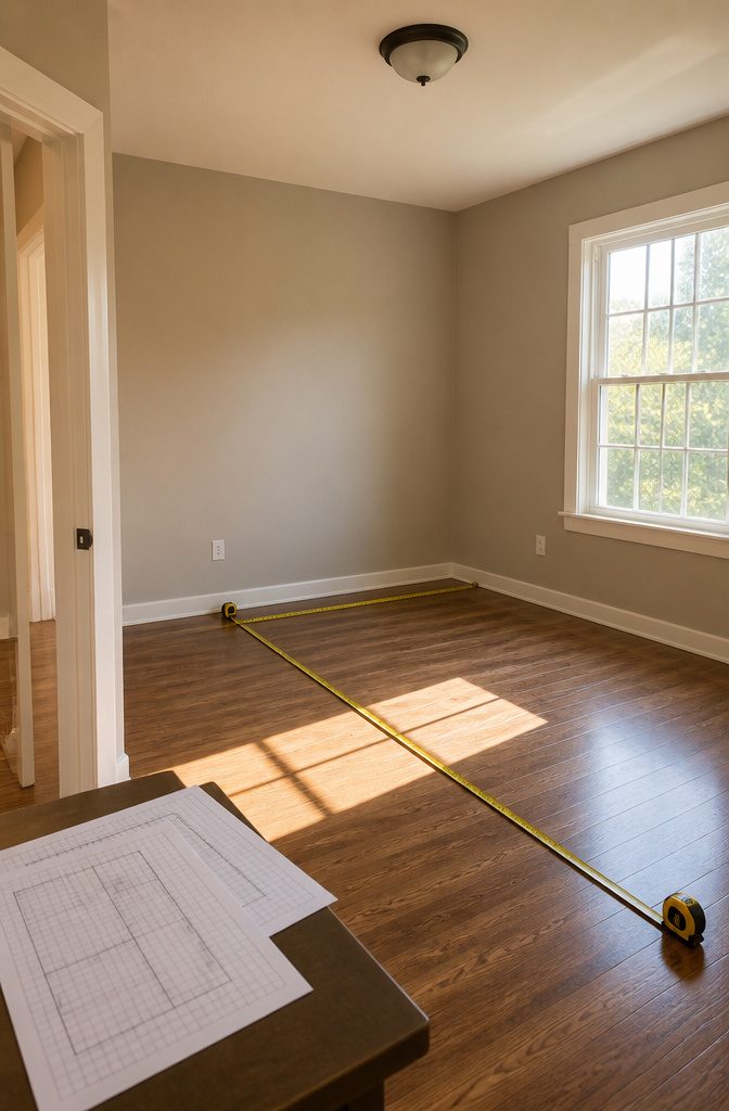 Measuring tape laid out in an empty room.