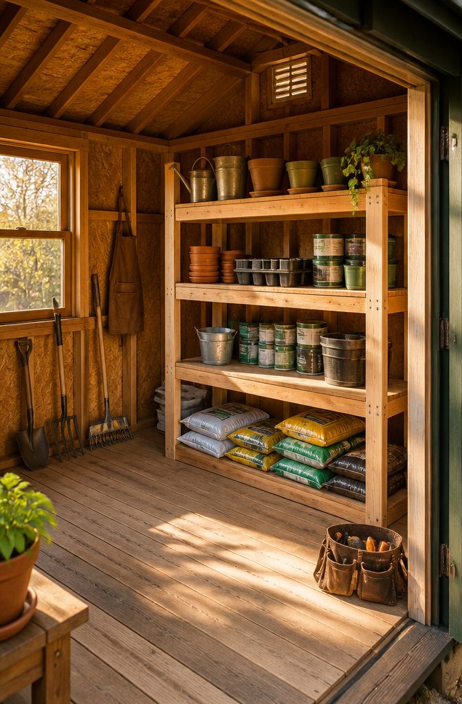 Shelves in a shed filled with paint cans and gardening supplies.