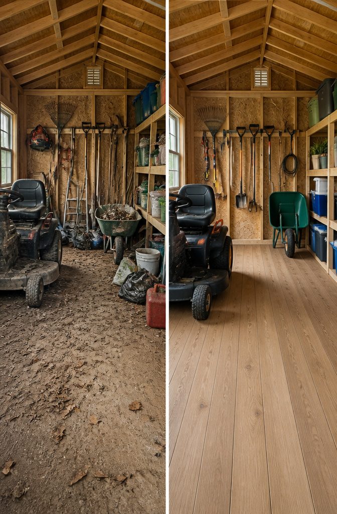 A tidy shed floor with only a few heavy items like a mower.
