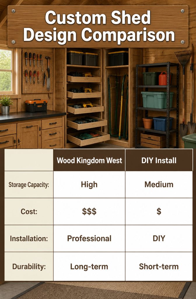 A custom shed with integrated shelving and tool holders displayed.