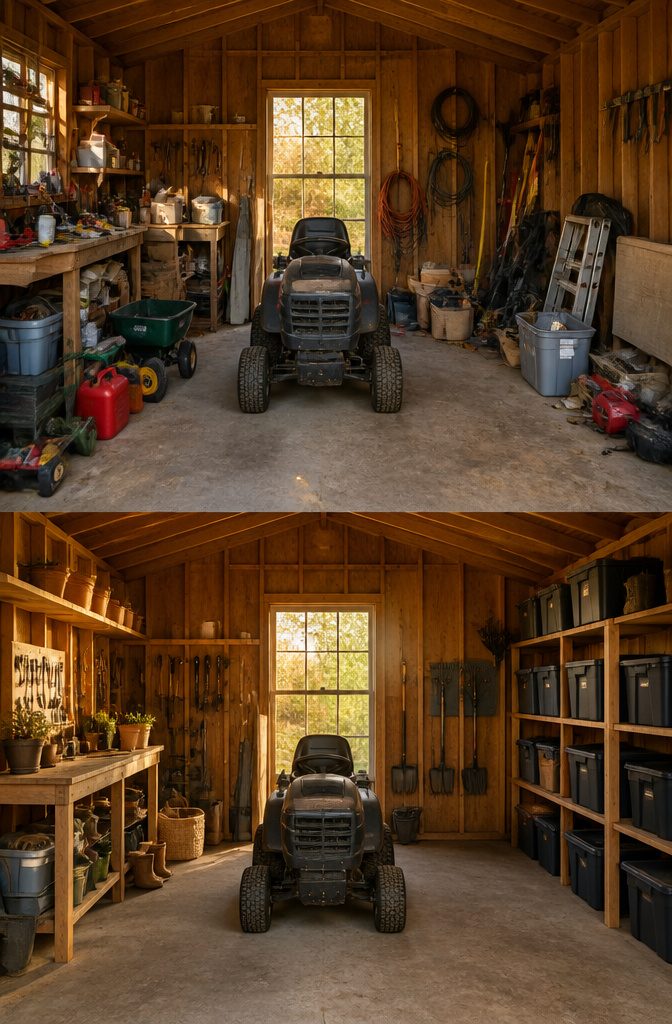 A shed with various items organized into keep, donate, and discard piles.