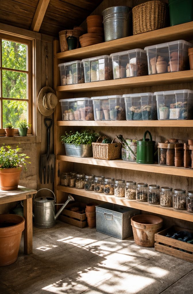 Clear bins with waterproof labels neatly arranged on shelves.