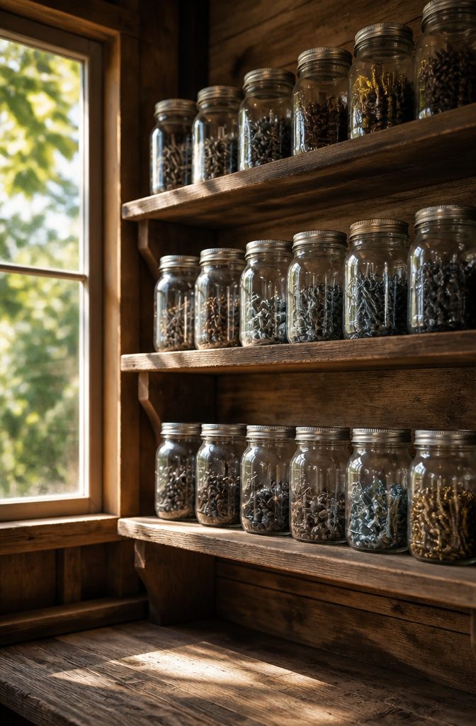 A collection of mason jars on a shelf containing various screws and fasteners.