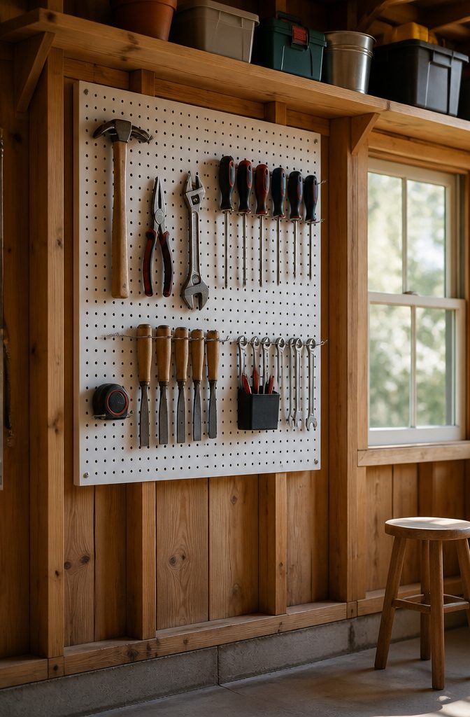 A pegboard with hooks displaying tools like hammers and screwdrivers.