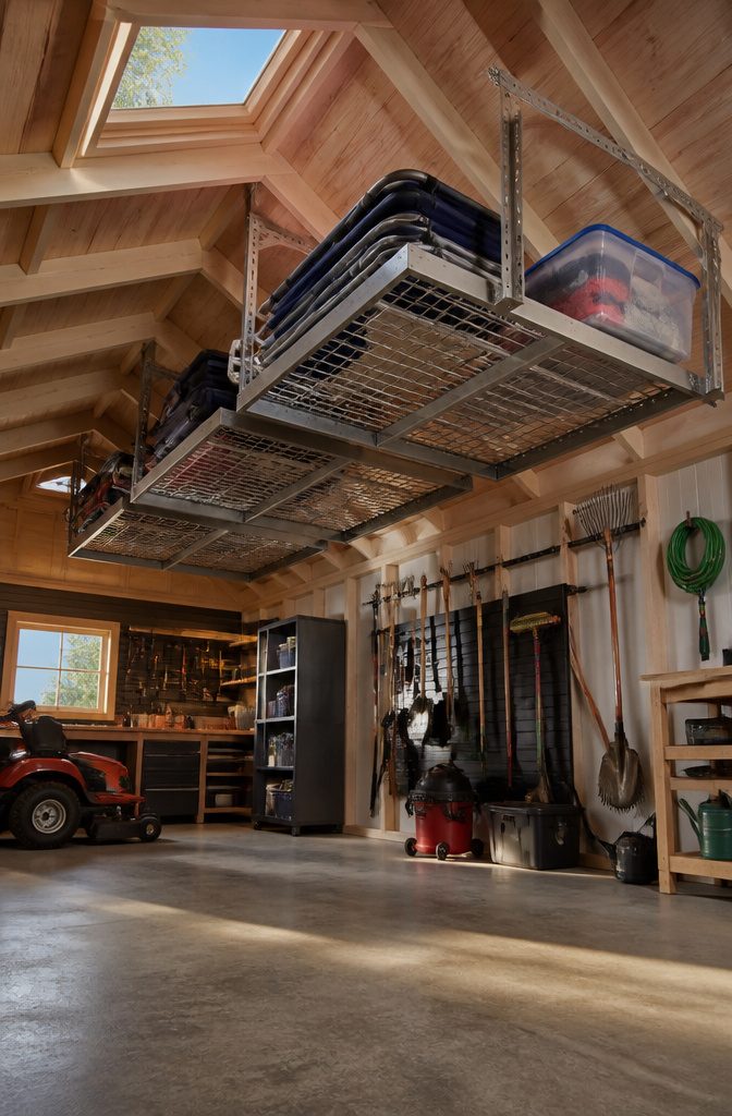 Ceiling-mounted racks holding folding chairs and storage bins.