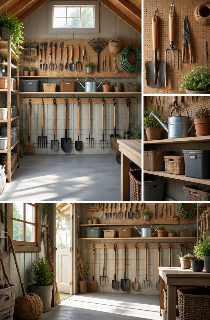 A shed featuring hooks, pegboards, and shelves for organized storage.