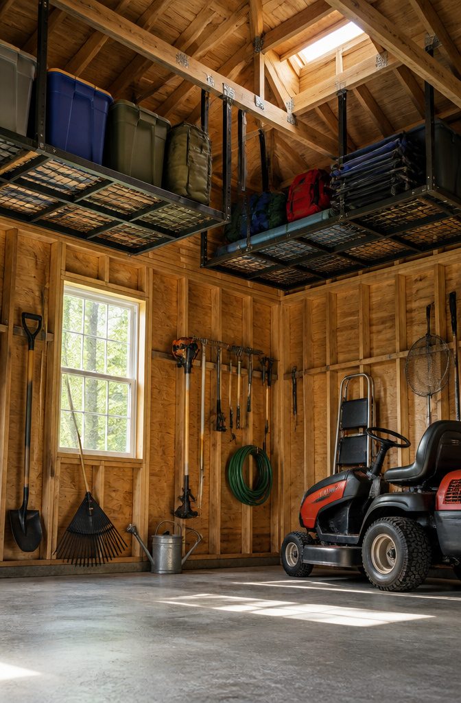 Ceiling-mounted racks with heavy-duty brackets installed in a shed.