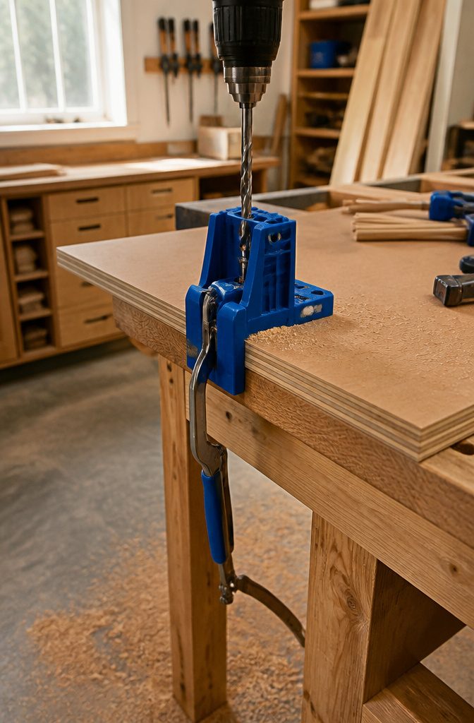How to Build a Tool Charging Station: A 7-Step Guide for 2026 5 Kreg K4 Pocket Hole Jig aligned on plywood for drilling.