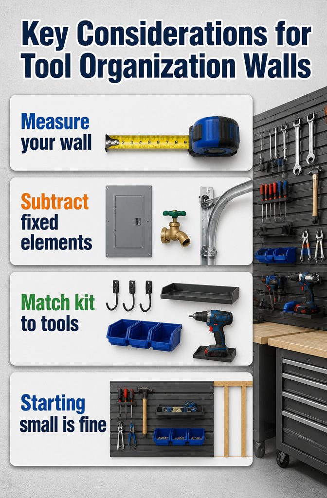 Key considerations for planning a tool organization wall setup.