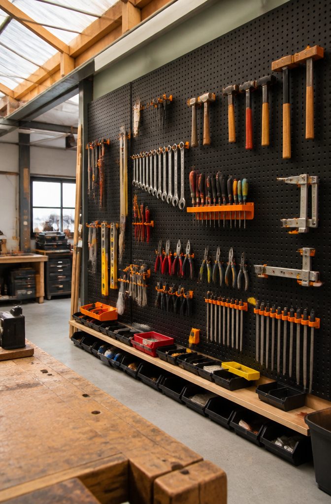 Pegboard system with various tools arranged for easy access in a workshop.