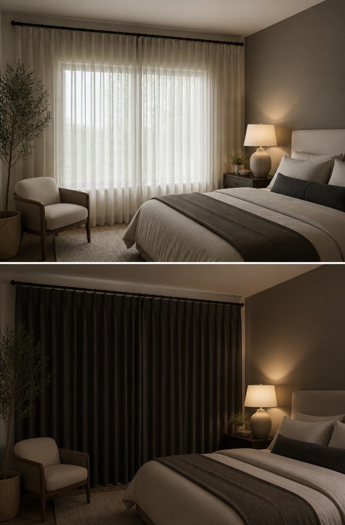 Bedroom with blackout curtains preventing light from entering.