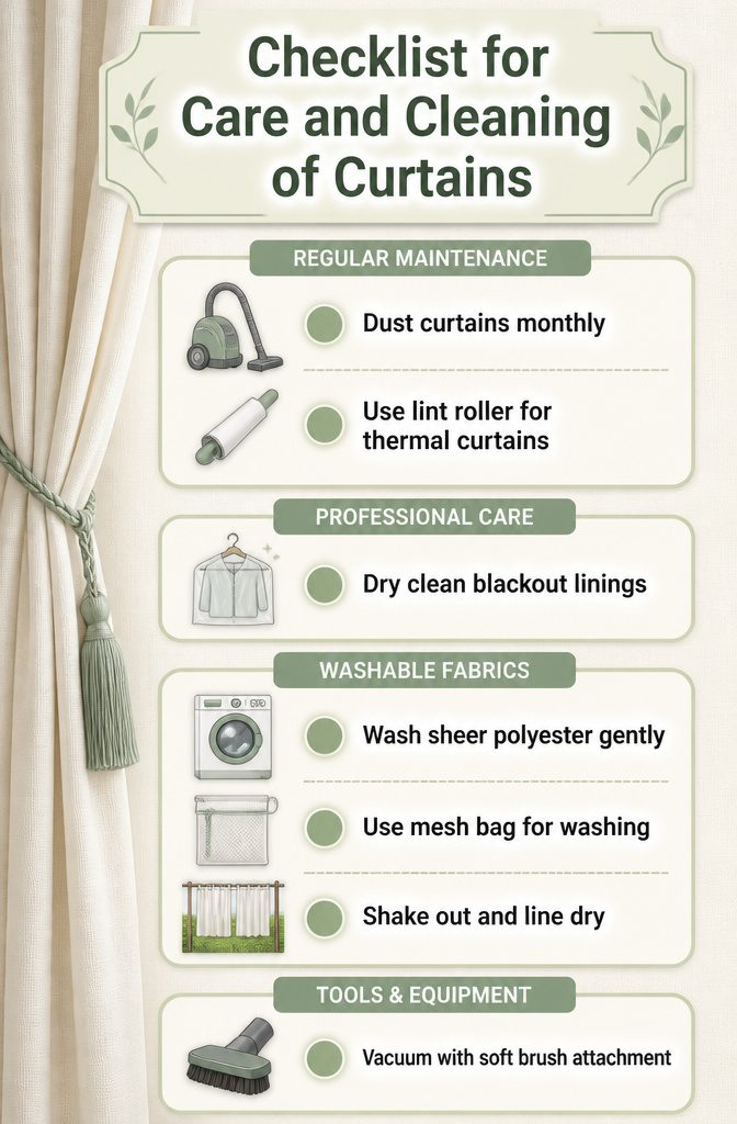 Checklist for care and cleaning of various curtain types.