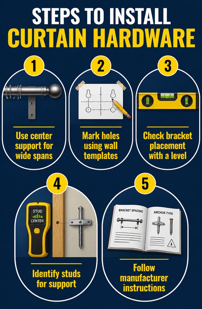 Instructions for installing curtain hardware with support brackets.