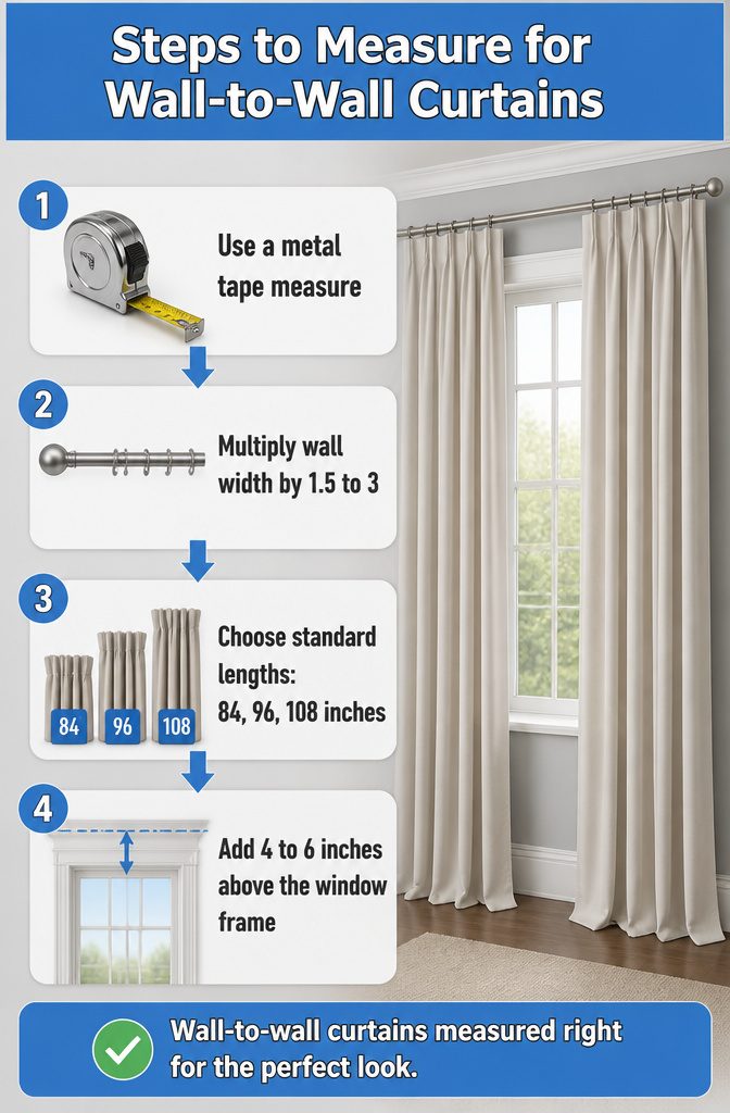 Steps showing how to measure for wall-to-wall curtains.