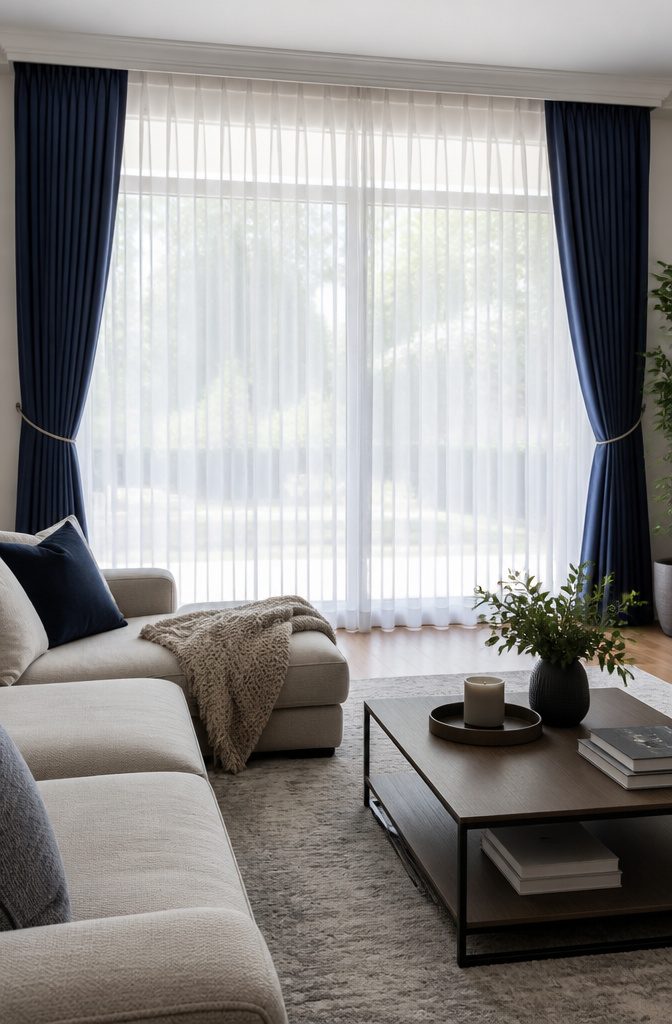 Living room with layered sheer and solid curtains framing the window.