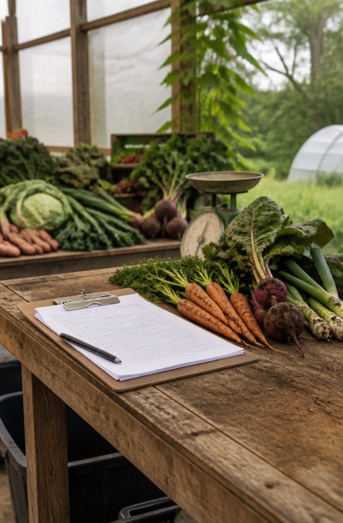 Clipboard with checklists next to freshly harvested organic produce.