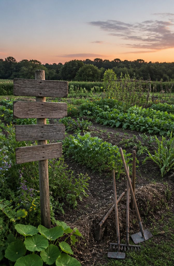 Serene organic vegetable garden with heritage crops.