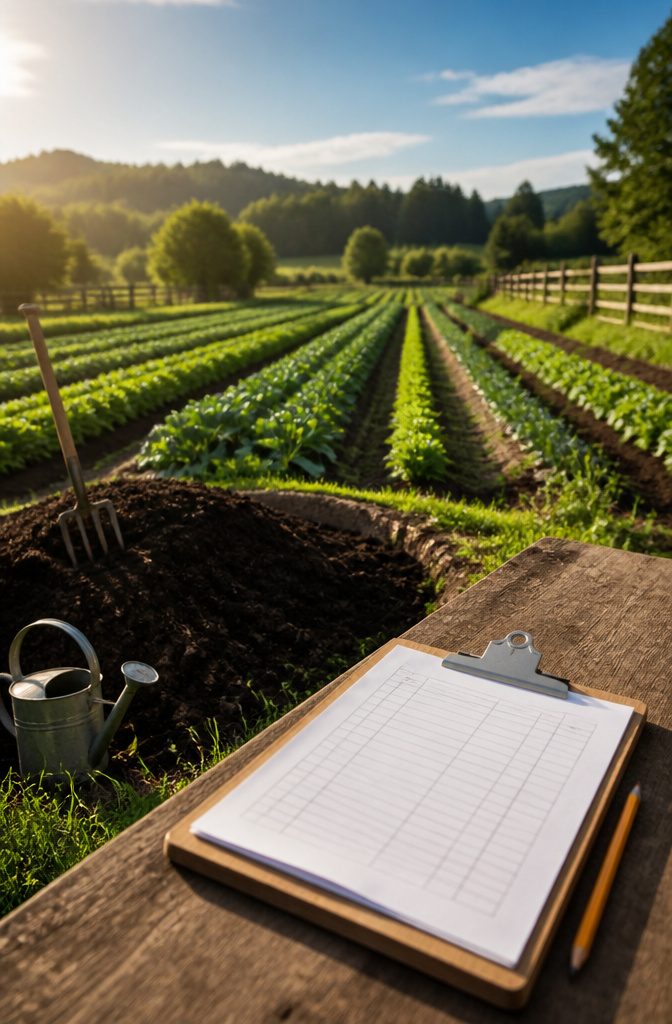 Healthy organic farm with a clipboard and diverse crops.